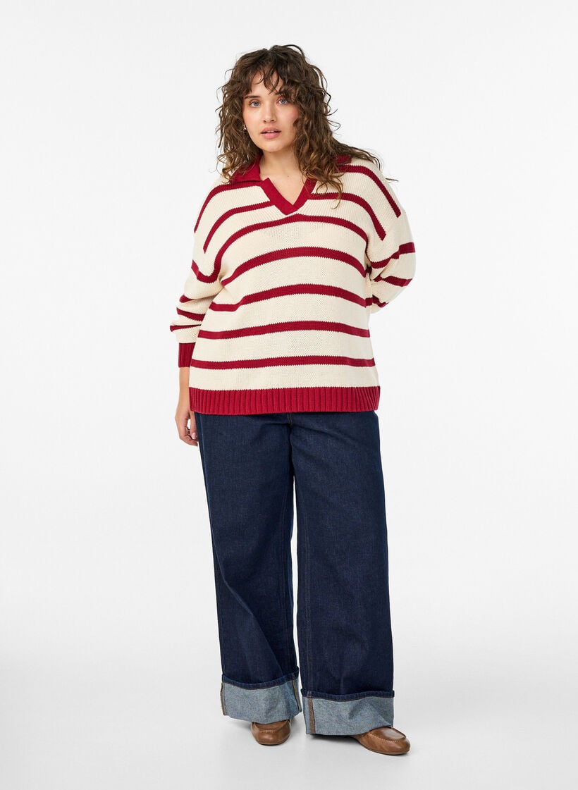 Gestreifte Strickbluse mit Polokragen, Vanille, Model image number 1