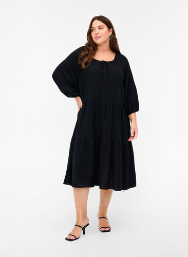 Baumwoll-Kleid mit 3/4 Ärmeln und Binde-Detail, Black, Model image number 0