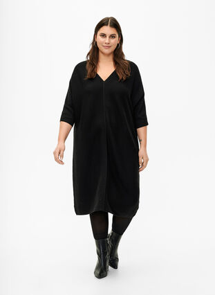 Geripptes Kleid mit 3/4 Ärmeln, Black, Model image number 2