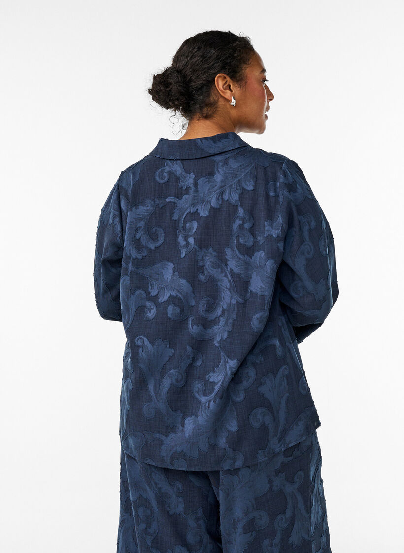 Bluse mit gewebter Struktur und V-Ausschnitt, Blau, Model image number 2