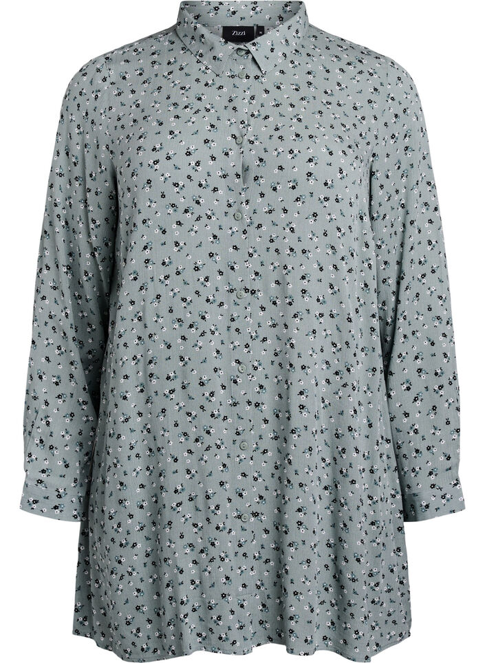 Lange Bluse mit gebl&uuml;mtem Print, Gr&uuml;n, Packshot image number 0
