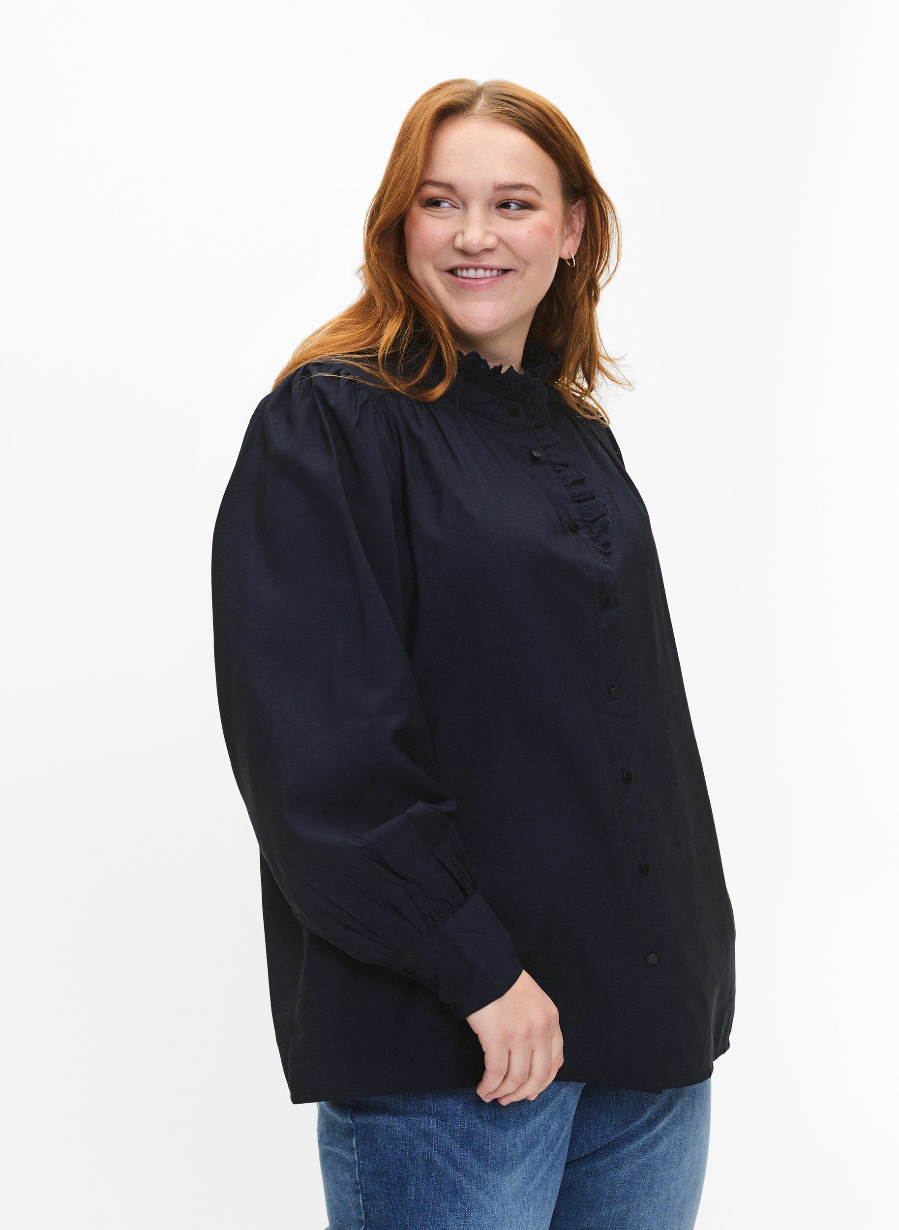 ZizziViskose Shirt Bluse mit Ruffles, Sky Captain, Model image number 0