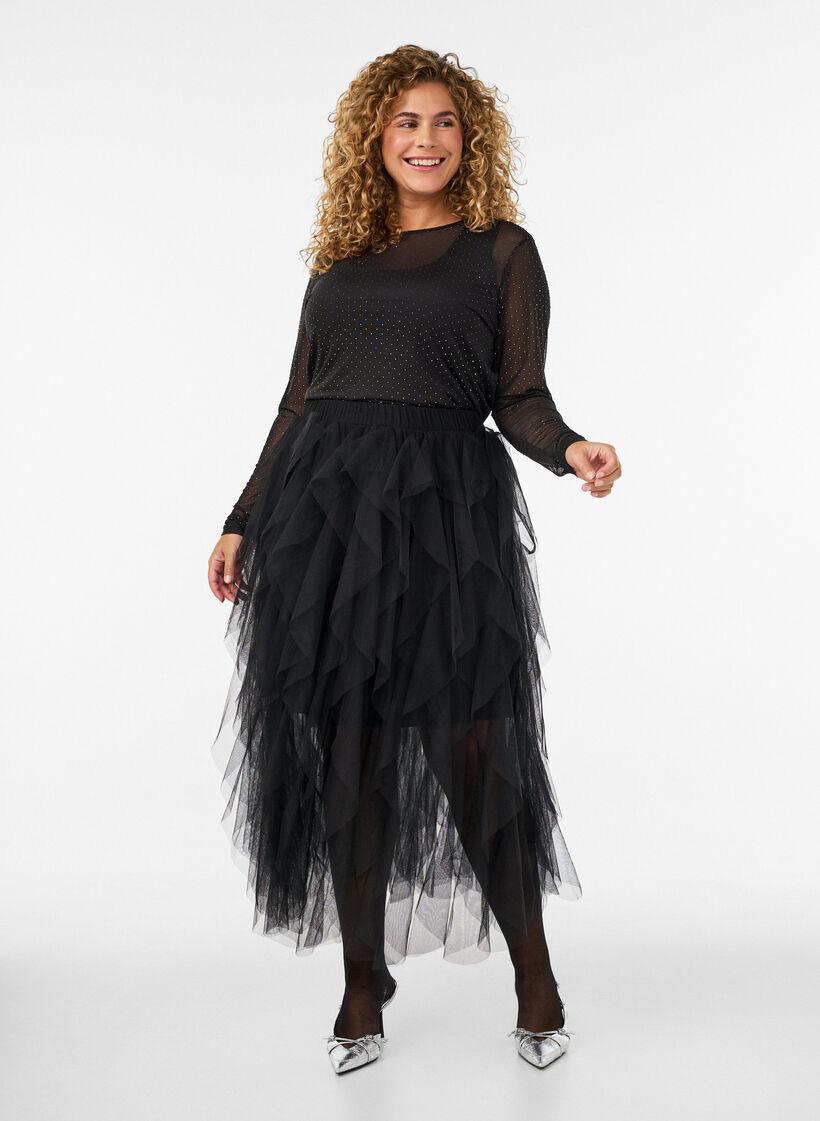 Transparente Bluse aus Mesh mit Strasssteinen, Schwarz, Model