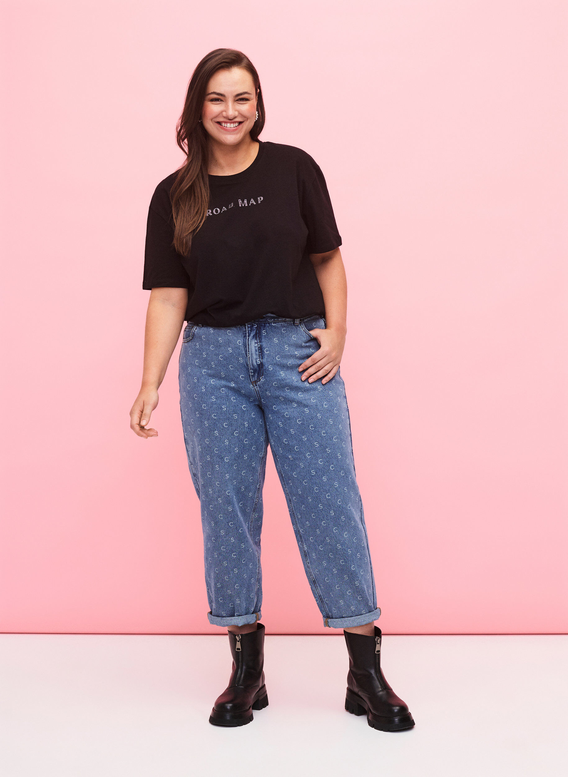 ZizziT-Shirt aus Bio-Baumwolle mit Schmucksteinen, Black, Model image number 2