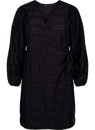 Wickelkleid mit Langarm und strukturiertem Muster, Black, Packshot image number 0