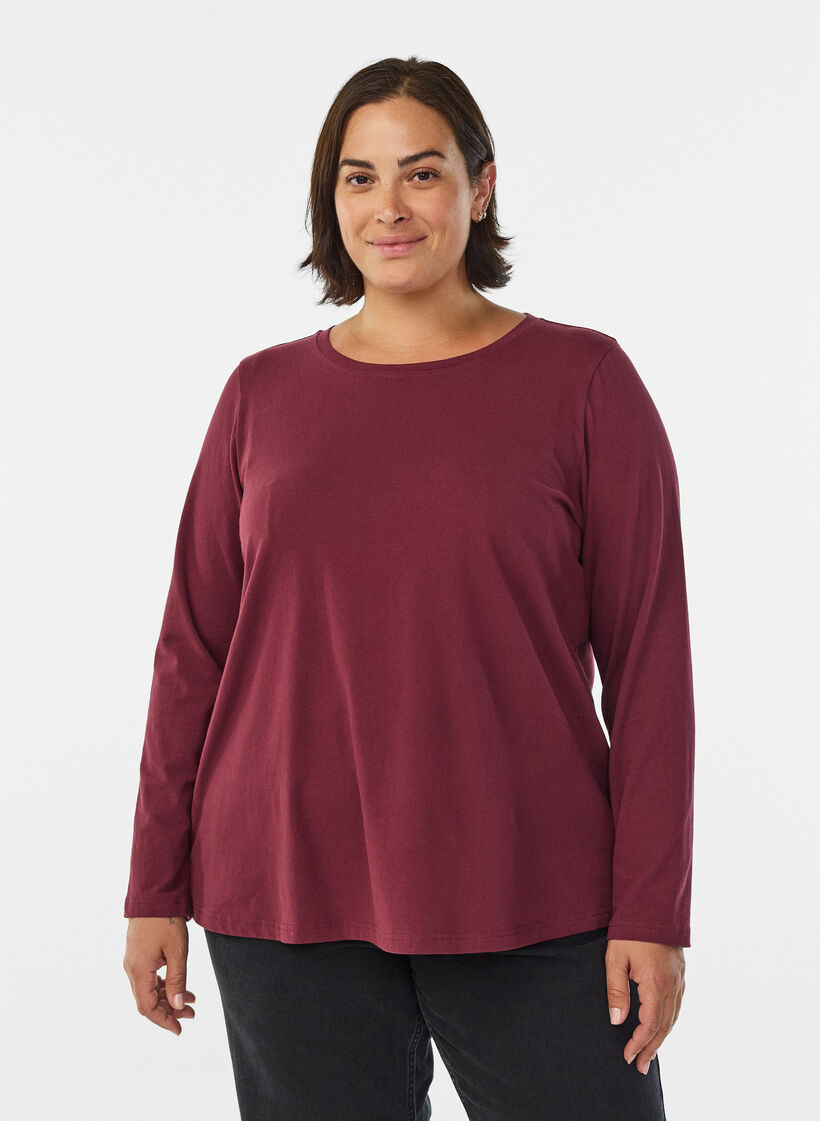 Basic Bluse aus Jersey mit langen &Auml;rmeln, Dunkles Bordeaux, Model image number 0