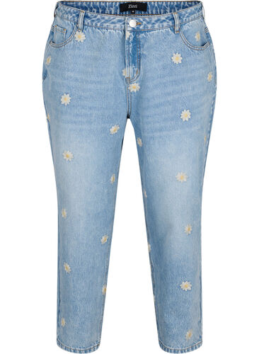 Mille Mom Fit Jeans mit Blumenstickerei, Light Blue w. Flower, Packshot image number 0