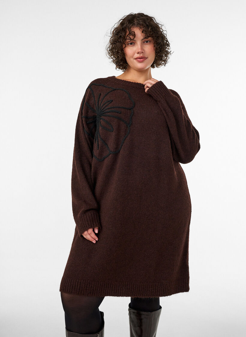 Strickkleid mit gro&szlig;er Blumenapplikation, Braun, Model image number 0