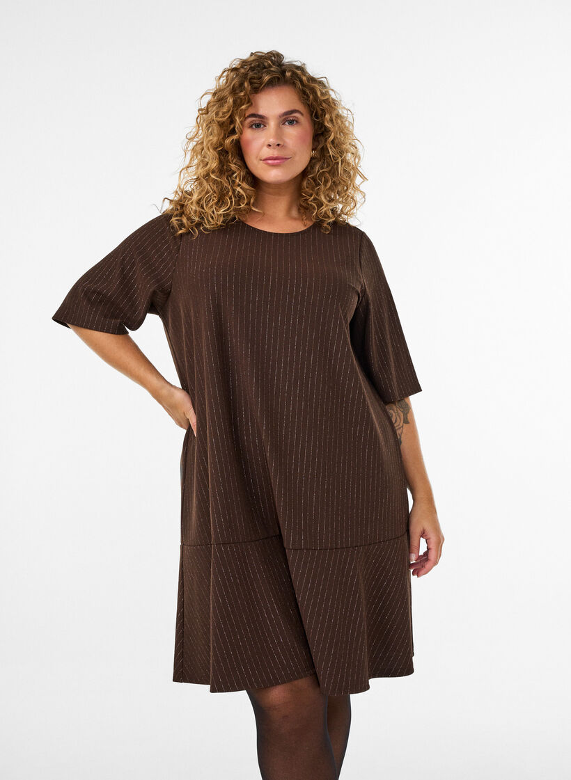 Kurzes A-Linien-Kleid mit Glitzerstreifen, Braun, Model image number 0