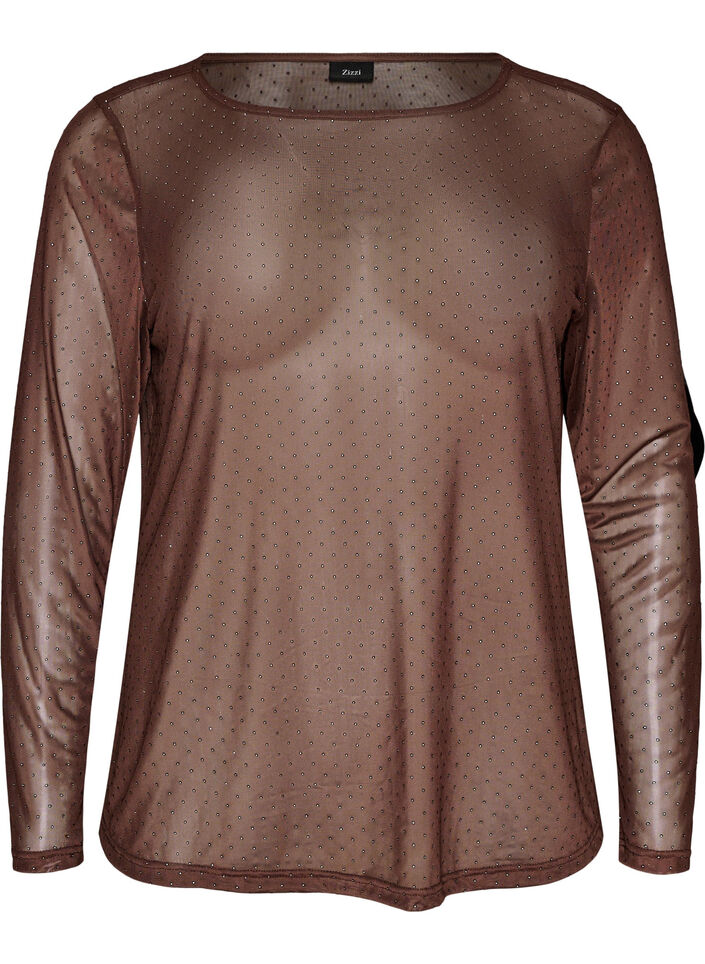 Transparente Bluse aus Mesh mit Strasssteinen, Braun, Packshot image number 0