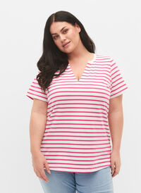 Baumwoll-T-Shirt mit Streifen und V-Ausschnitt, B.White/F.P. Stripes, Model