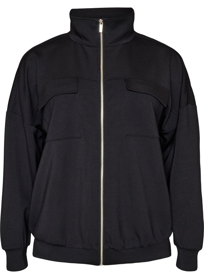 Cardigan aus Jersey mit Rei&szlig;verschluss und hohem Kragen, Schwarz, Packshot image number 0