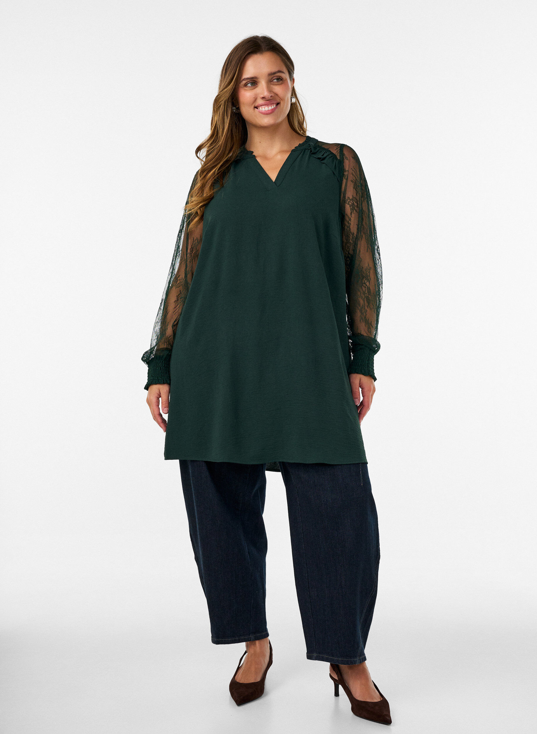 ZizziTunika mit transparenten &Auml;rmeln aus Spitze, Gr&uuml;n, Model image number 1