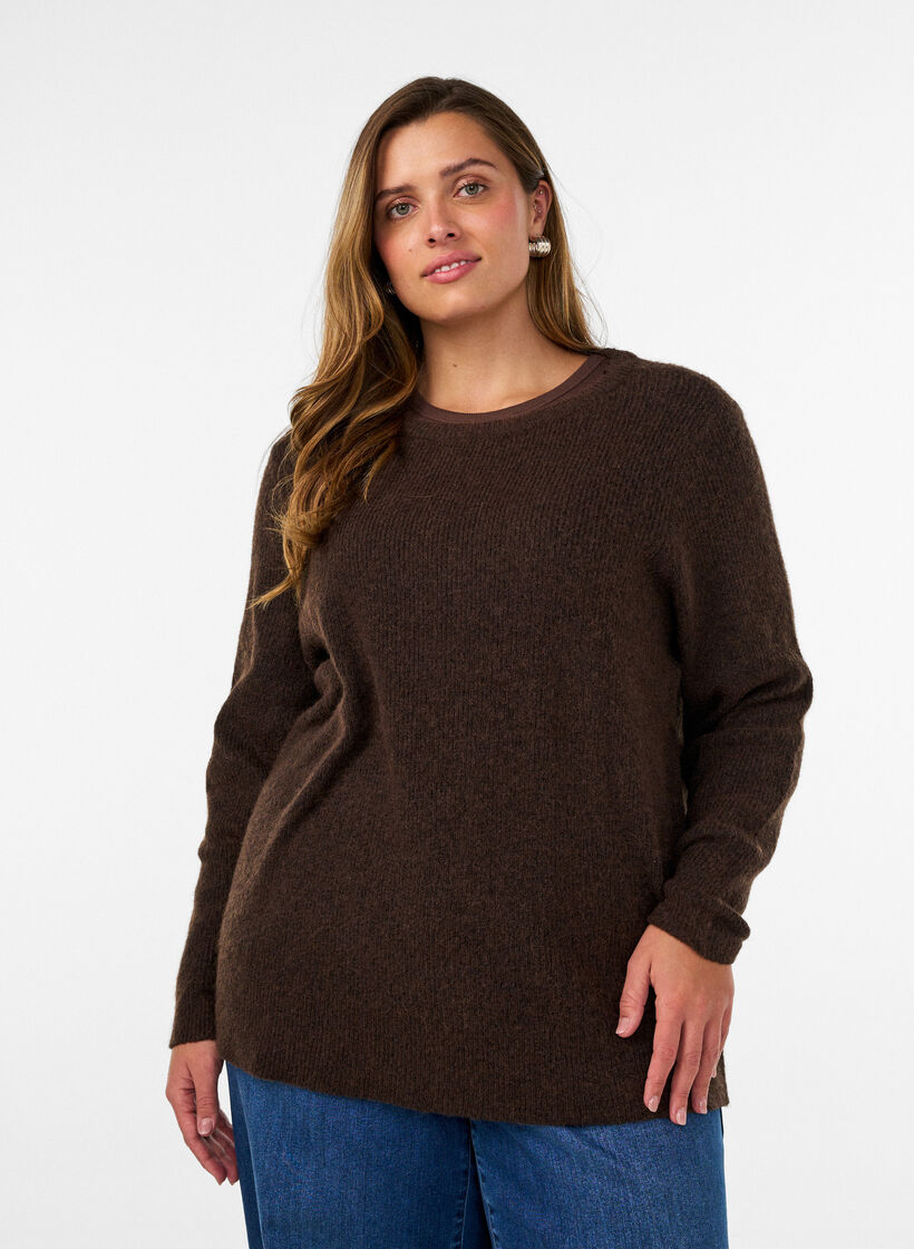 Melierte Strickbluse mit Rundhalsausschnitt, Braun, Model image number 0