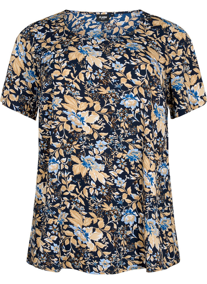 FLASH - Bluse mit kurzen &Auml;rmeln und Print, Brown Blue Flower, Packshot image number 0
