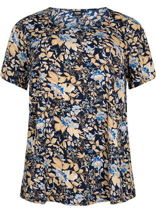 FLASH – Kurzärmelige Bluse mit Print, Brown Blue Flower, Packshot image number 0