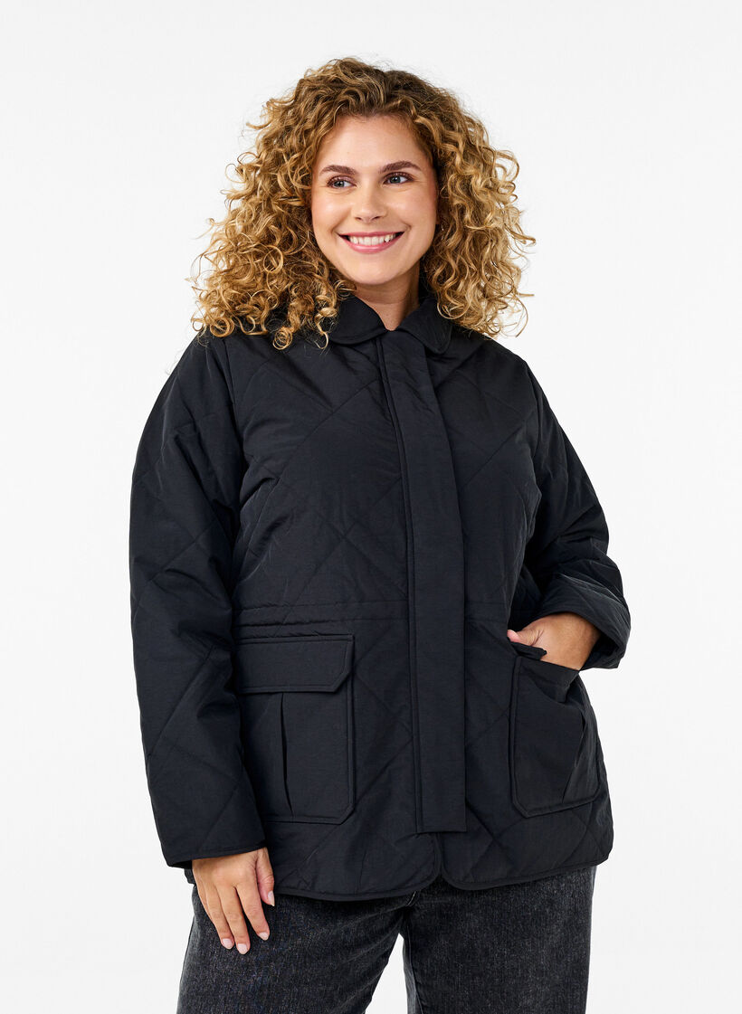 Steppjacke mit Kragen und Taschen, Schwarz, Model image number 0