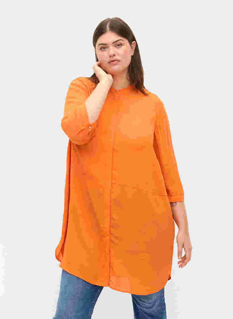 Lange Hemdbluse aus Viskose mit 3/4-Ärmeln, Orange Peel, Model image number 0