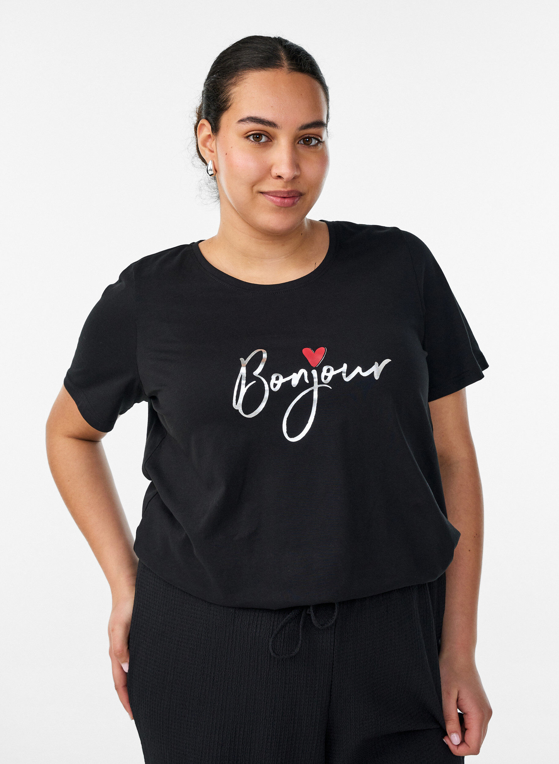 T-Shirt mit Print, Schwarz, Model
