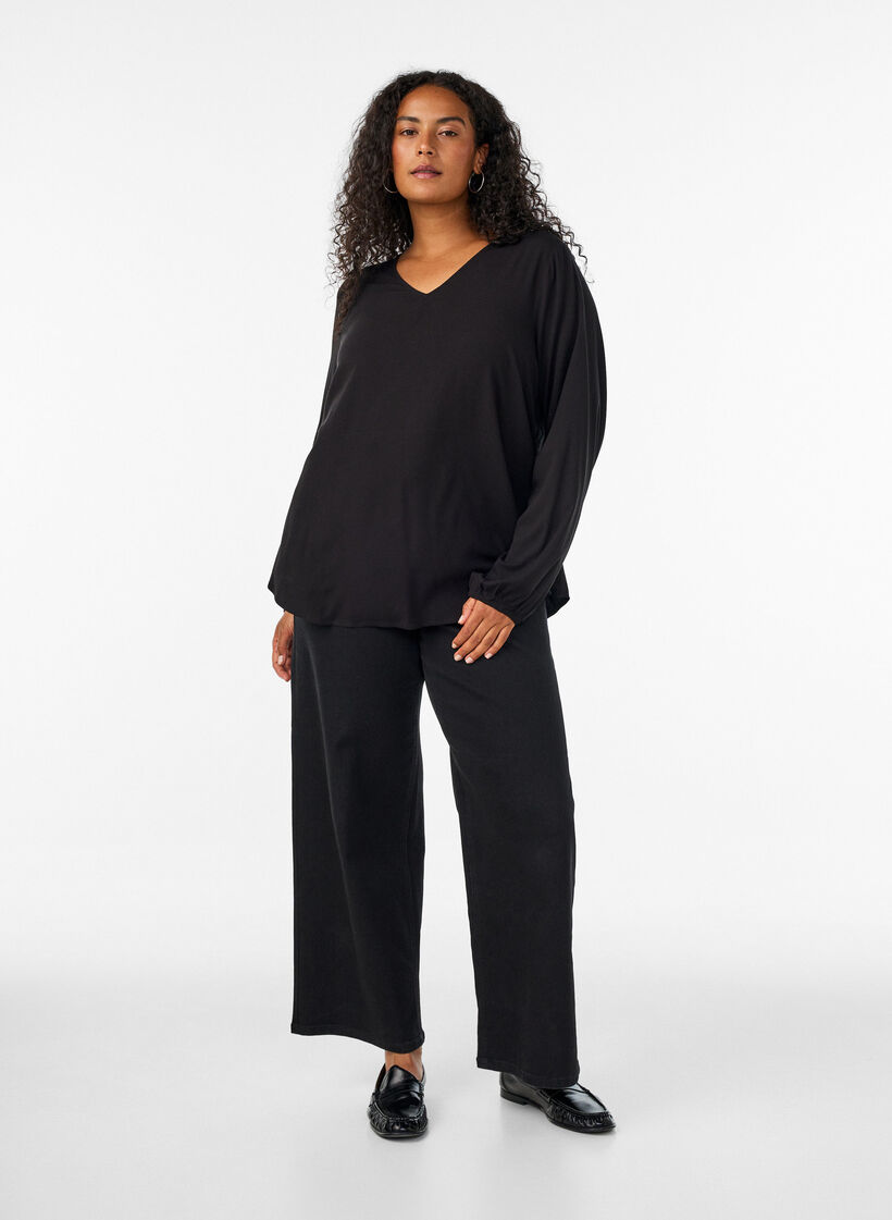 Bluse aus Viskose mit V-Ausschnitt und langen &Auml;rmeln, Schwarz, Model image number 1