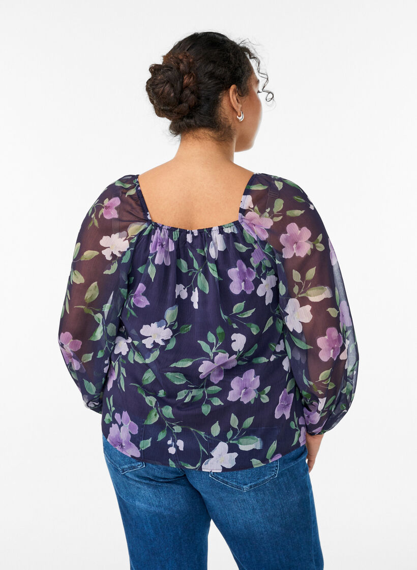 Bluse aus Chiffon mit gebl&uuml;mtem Print und langen &Auml;rmeln, Blau, Model image number 2