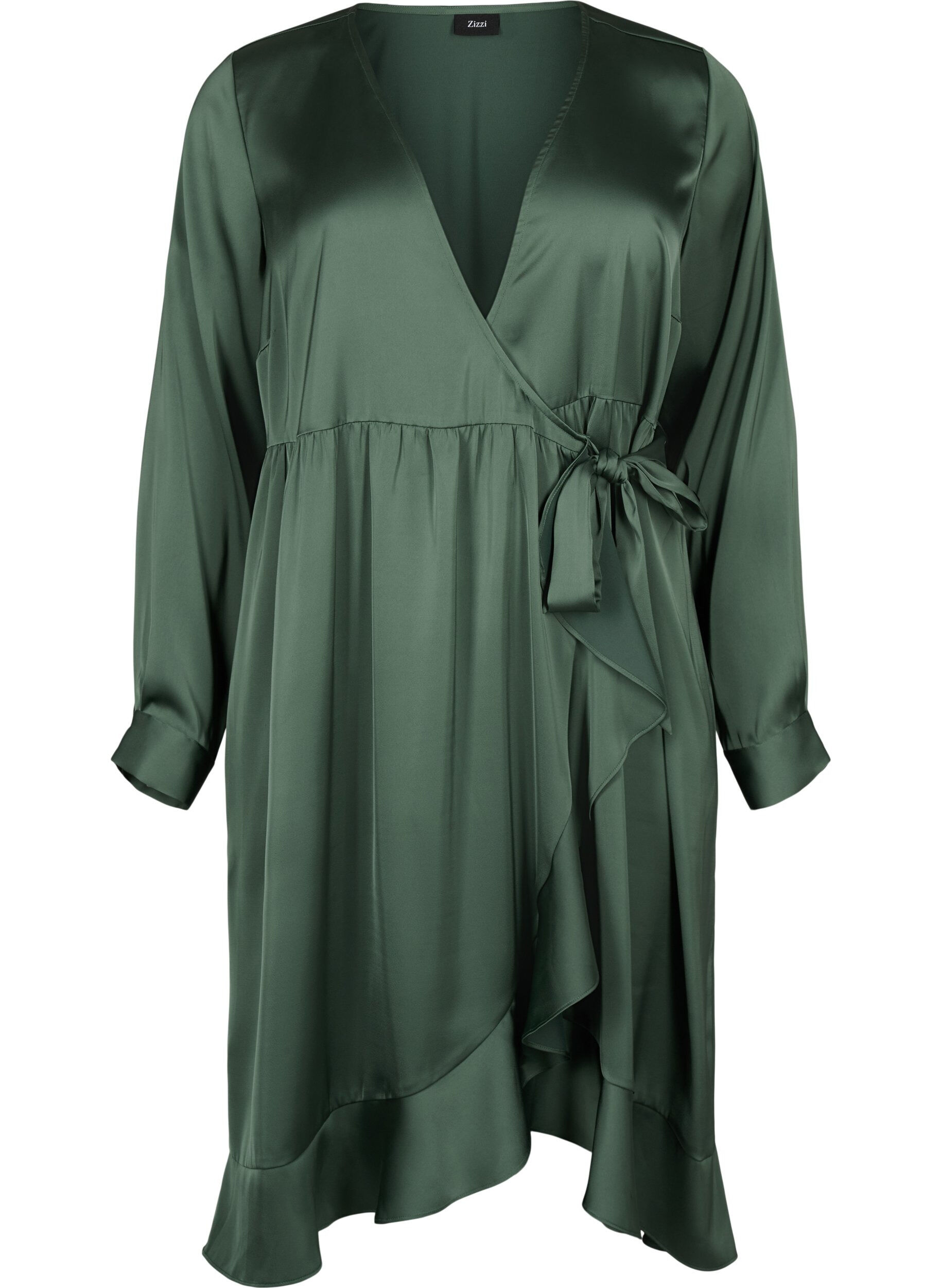 ZizziLang&auml;rmliges Wickelkleid aus Satin, Duck Green, Packshot image number 0