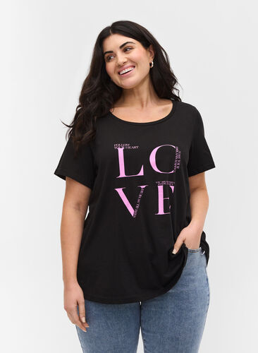 T-Shirt aus Baumwolle mit Print, Black Cyclamen LOVE, Model image number 0