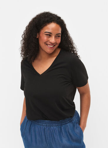 Kurzärmeliges T-Shirt mit V-Ausschnitt, Black, Model image number 0