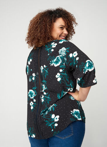 Bluse mit Print, 3/4-Ärmeln und Spitze am Rücken, Black/Flower Dot, Model image number 1