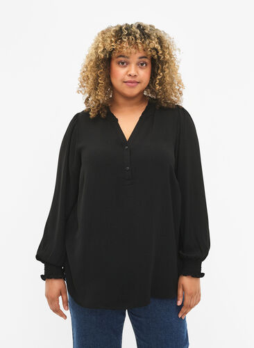 Bluse mit Smok und V-Ausschnitt, Black, Model image number 0