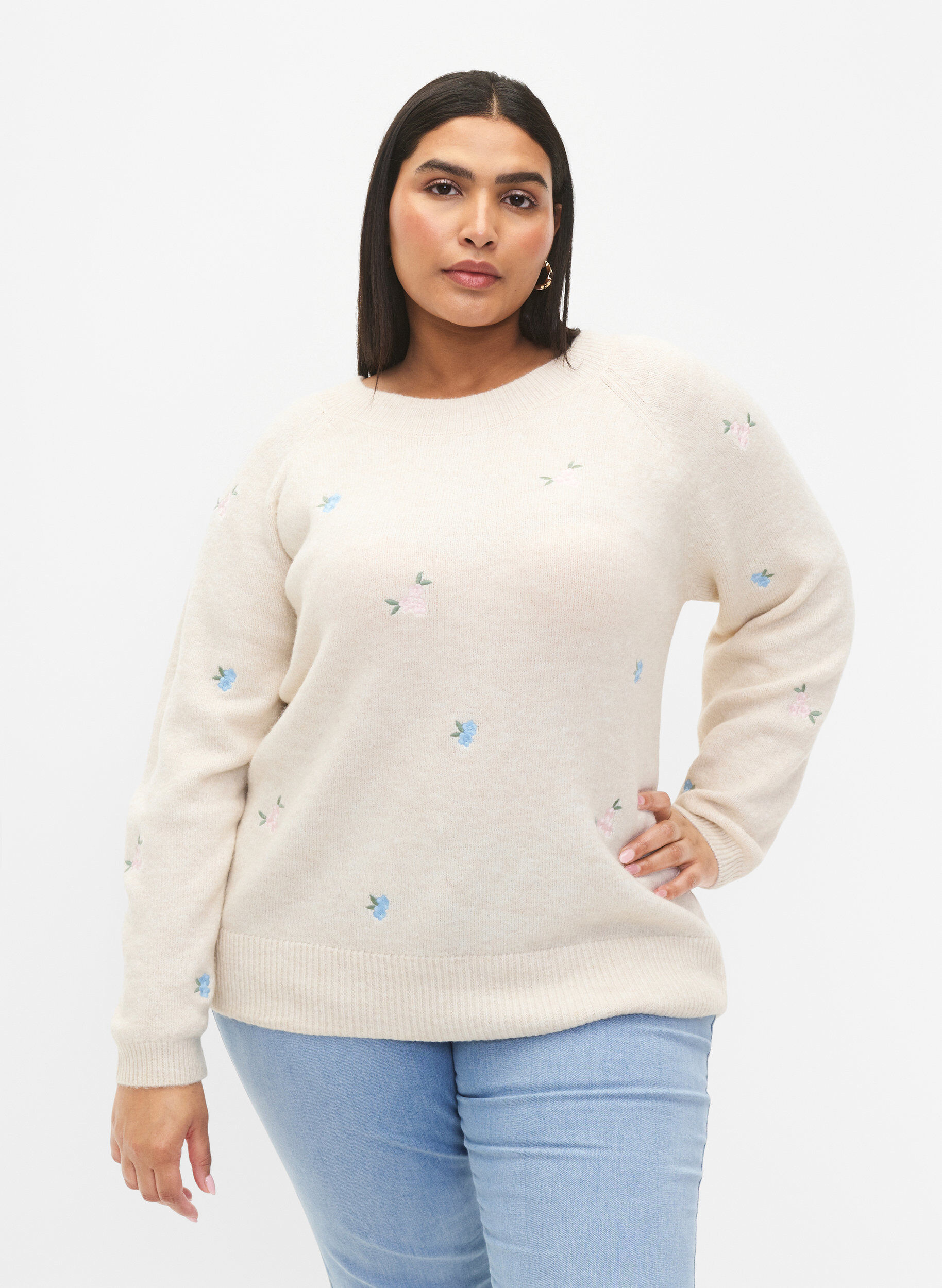 ZizziStrickpullover mit gestickten Blumen, Birch Comb, Model image number 0