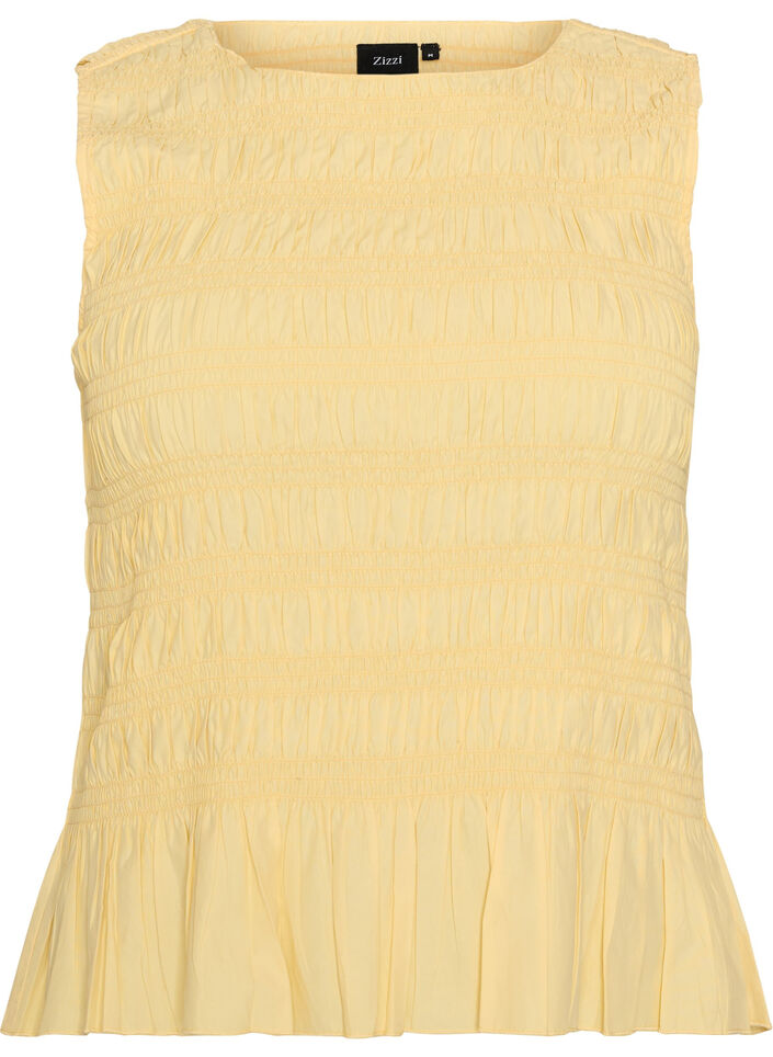 Smocktop mit U-Boot-Ausschnitt und Peplumsaum, Gelb, Packshot image number 0
