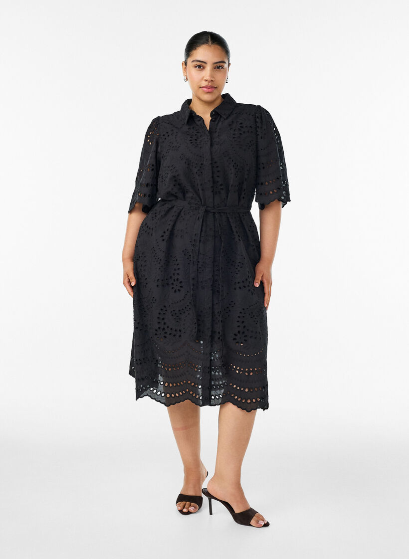 Hemdblusenkleid aus Broderie Anglaise mit Bindeg&uuml;rtel, Schwarz, Model image number 1