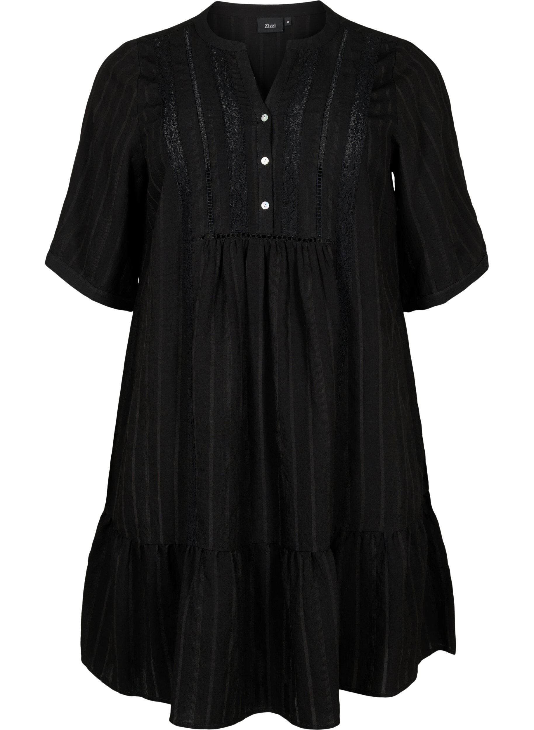 ZizziGestreiftes Viskose Kleid mit Spitzenb&auml;ndern, Black, Packshot image number 0