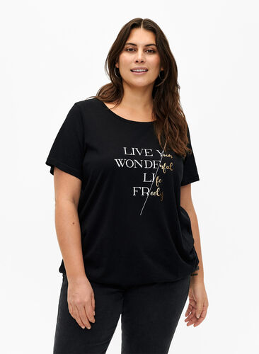 Kurzärmliges T-Shirt aus Baumwolle mit Gummizug am Saum, Black w. Live, Model image number 0