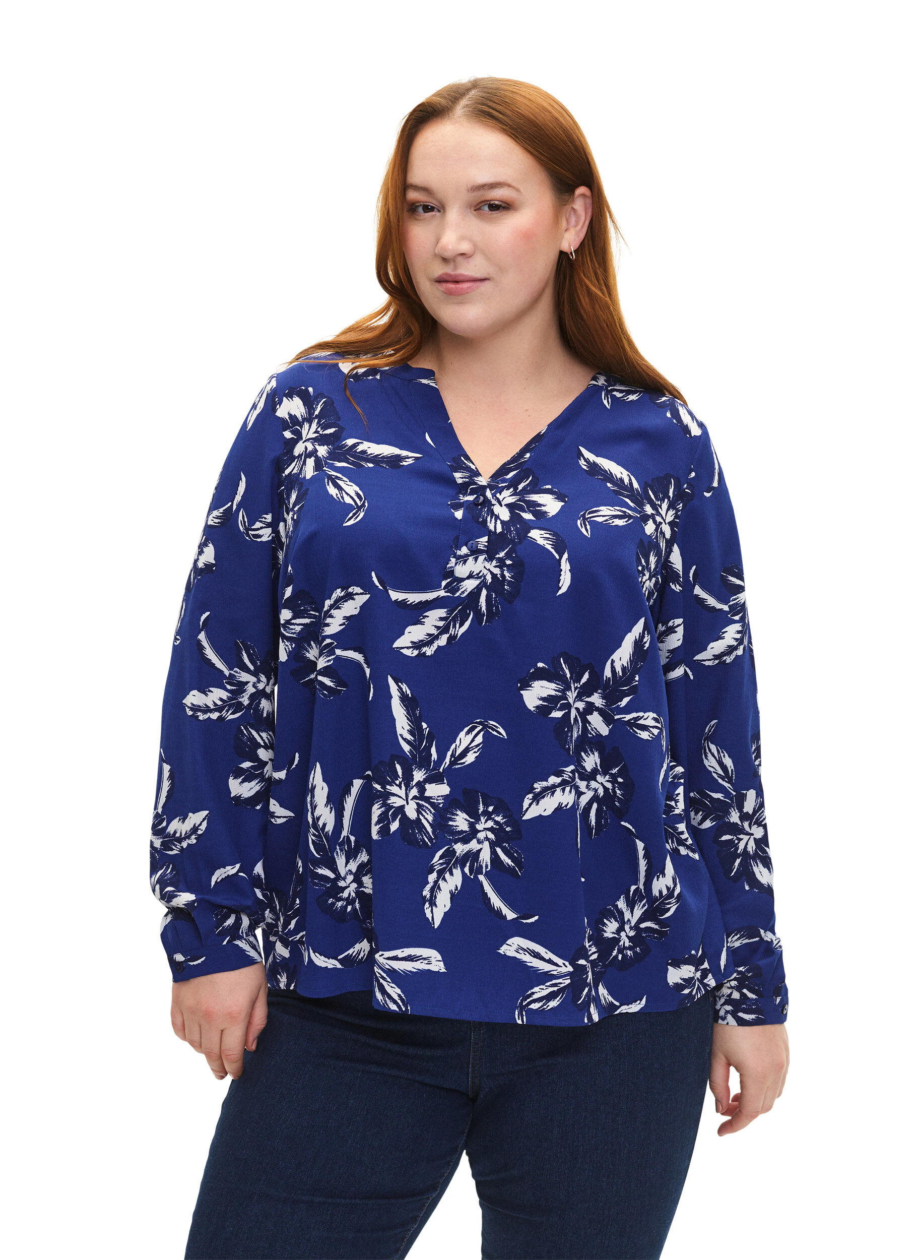 ZizziFLASH &ndash; Lang&auml;rmlige Bluse mit Druck, Navy Blazer Flower, Model image number 0