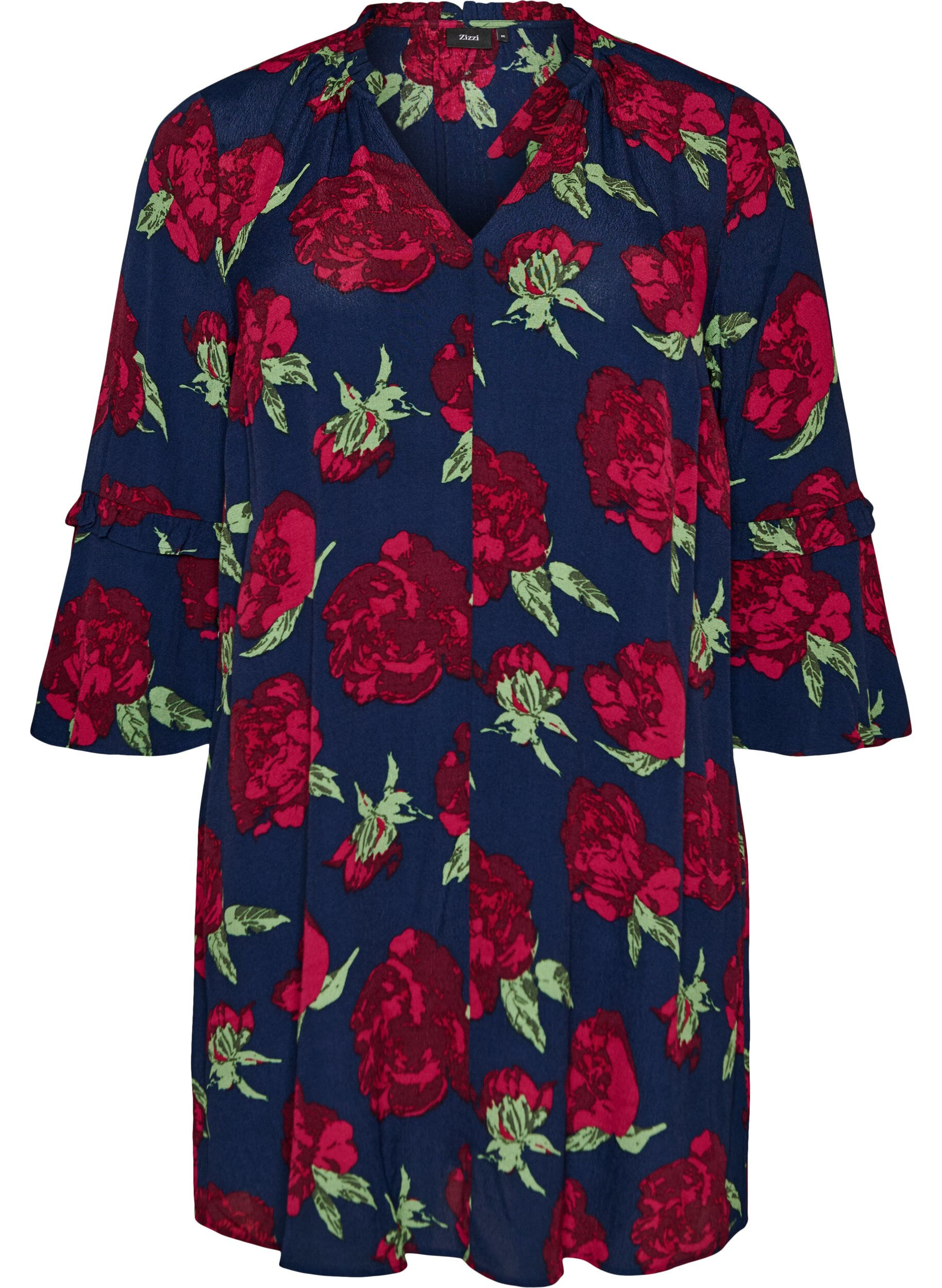 ZizziGebl&uuml;mtes Kleid aus Viskose mit R&uuml;schen, Blau, Packshot image number 0