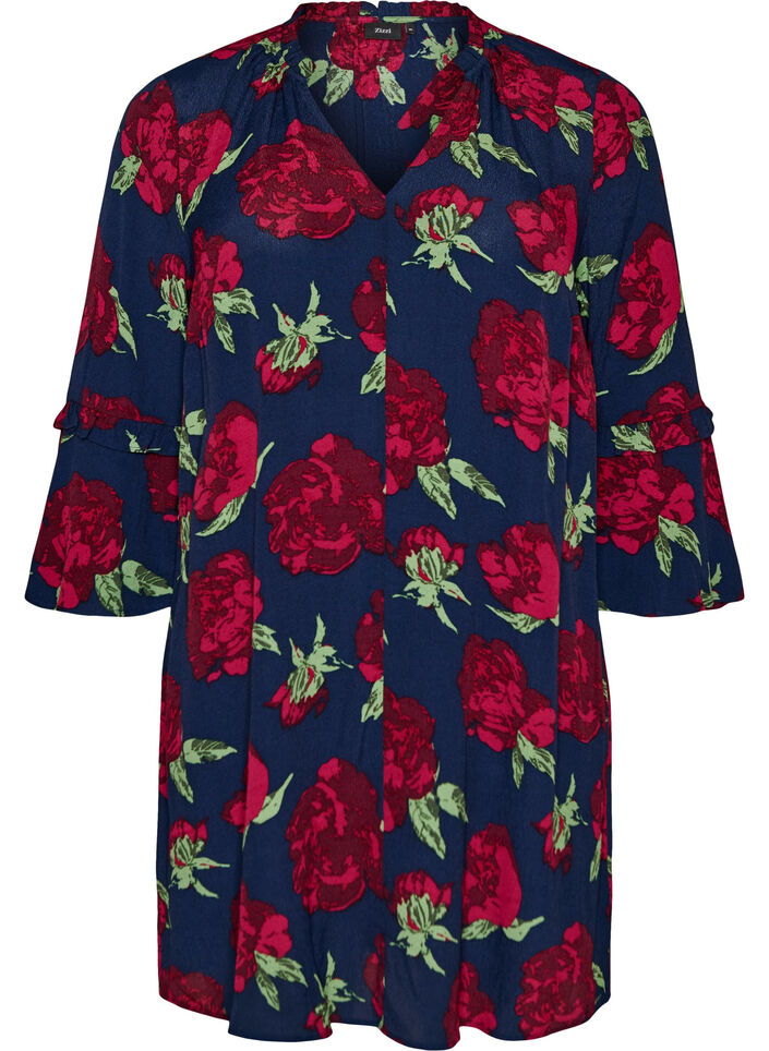 Gebl&uuml;mtes Kleid aus Viskose mit R&uuml;schen, Blau, Packshot image number 0