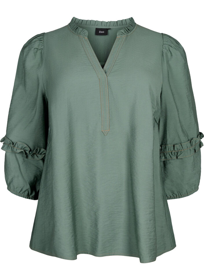 Bluse mit Ruffles, Duck Green, Packshot image number 0