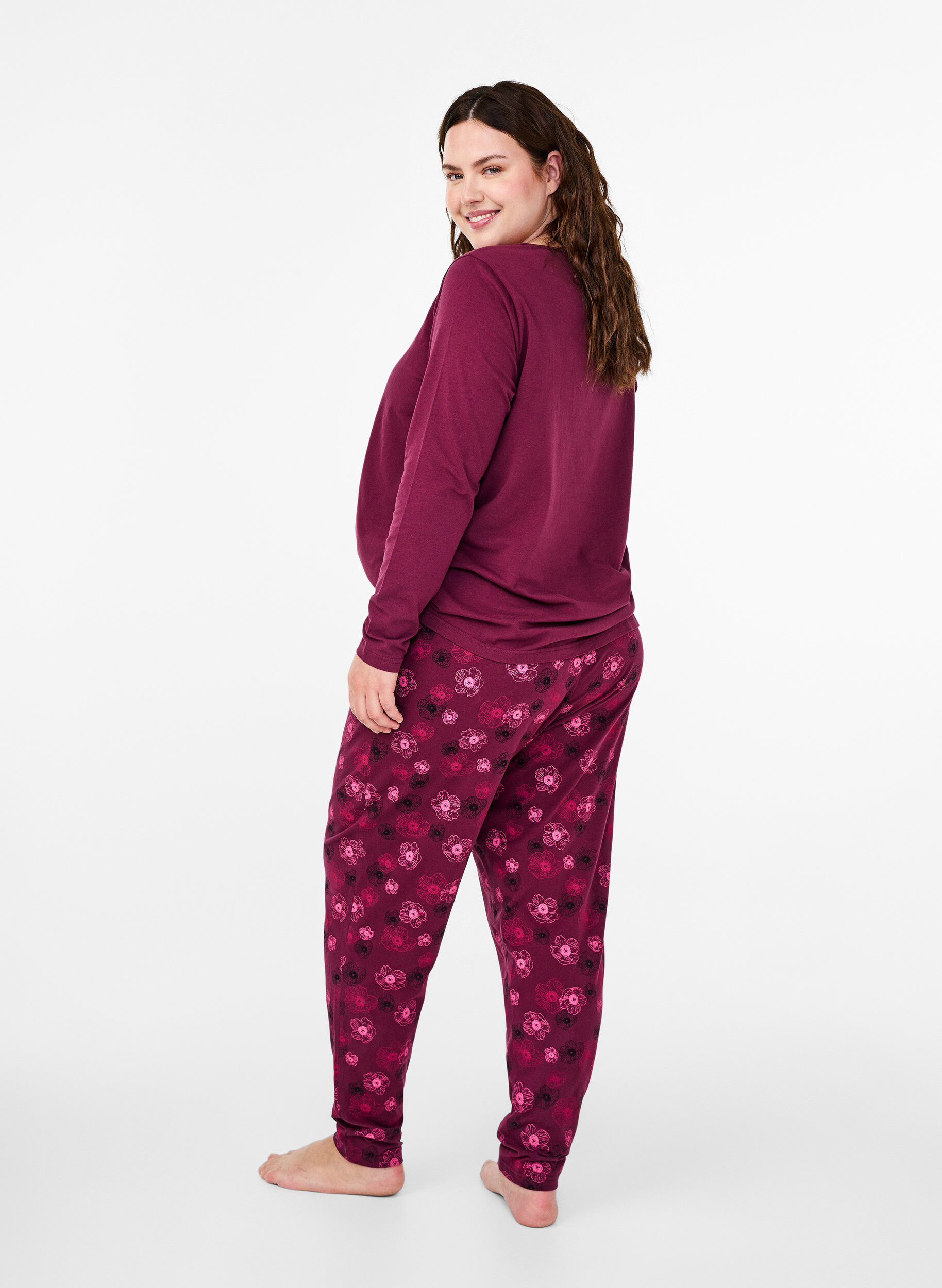 ZizziCotton Pyjamas Hose mit Druck, Dunkles Bordeaux, Model image number 1