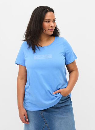 Kurzarm T-Shirt aus Baumwolle mit Aufdruck, Ultramarine TEXT, Model image number 0