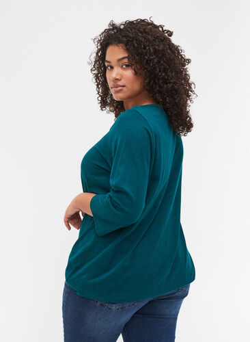 Einfarbige Bluse mit 3/4-Ärmel aus Baumwolle, Deep Teal, Model image number 1