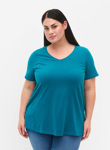 Einfarbiges basic T-Shirt aus Baumwolle, Deep Lake, Model image number 0
