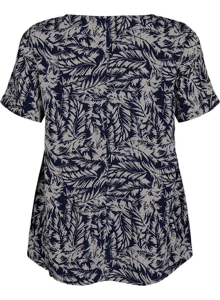 FLASH &ndash; Kurz&auml;rmelige Bluse mit Print, Off White Blue Leaf, Packshot image number 1