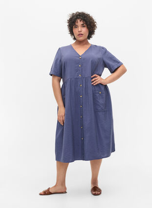 Kurzarm Kleid mit Knöpfen und Taschen, Nightshadow Blue, Model image number 2