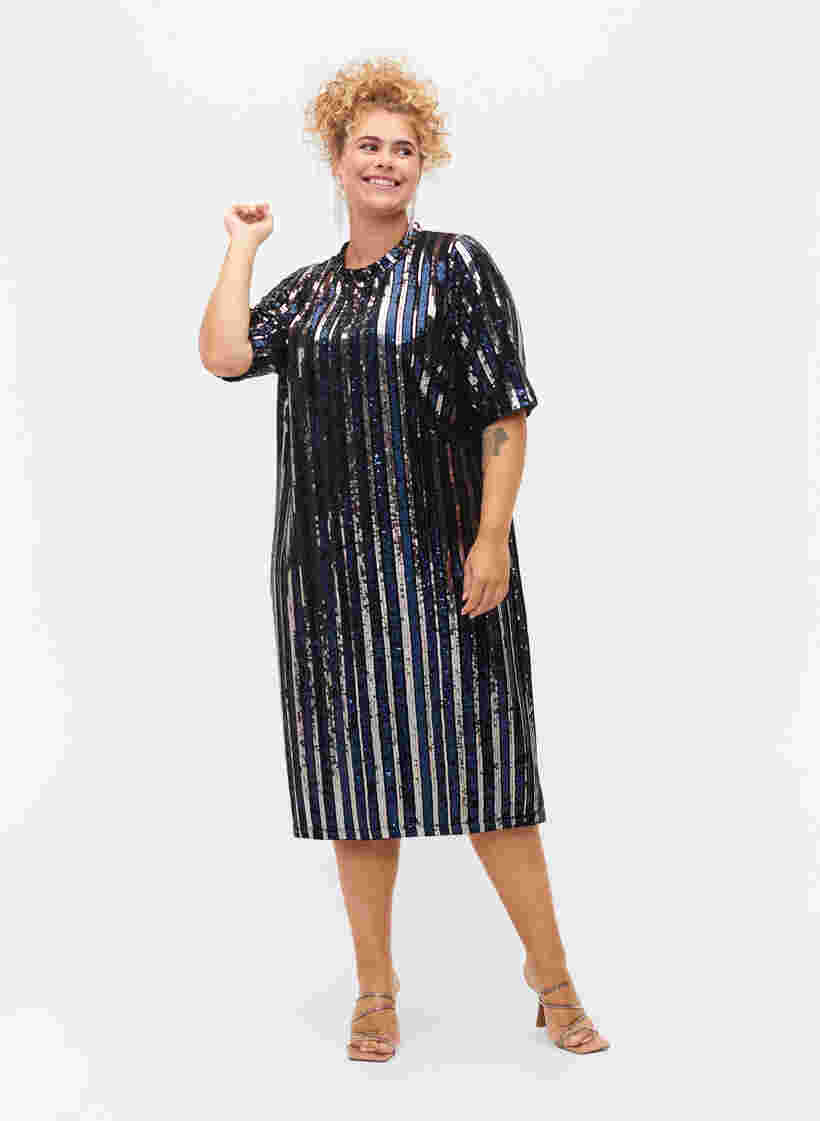 Kurzärmeliges Paillettenkleid mit Schlitz, Evening Blue Stripe , Model image number 2