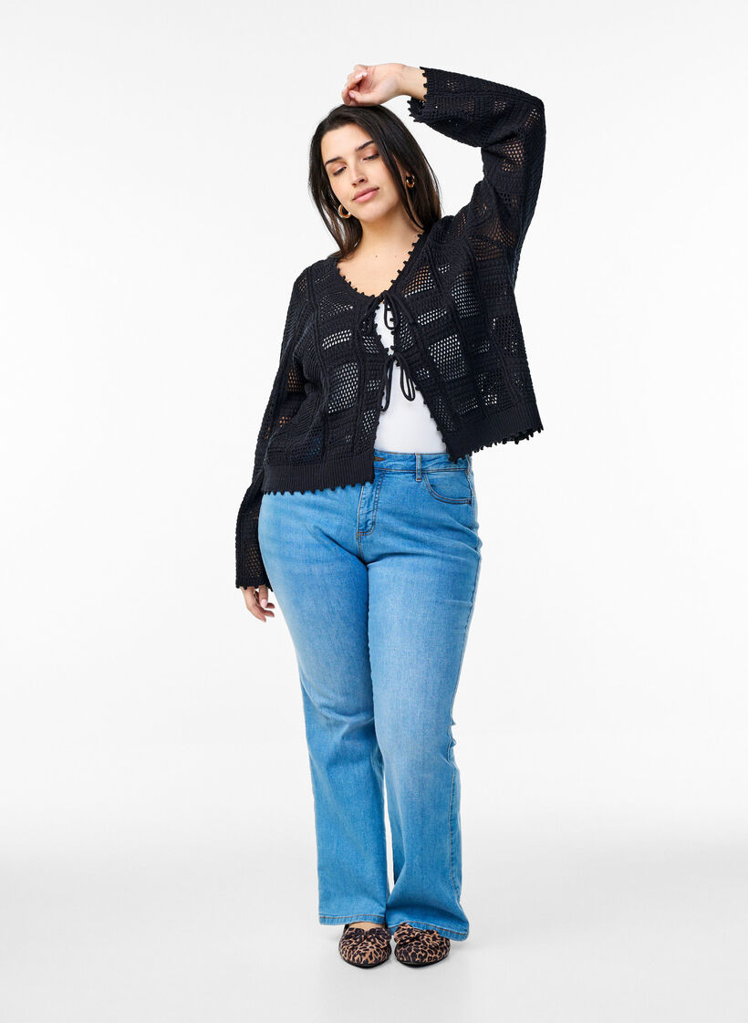 Strickjacke mit Bindebändern und Lochmuster, Schwarz, Model image number 1