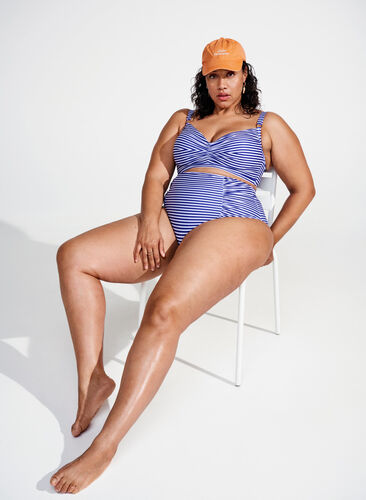 Bikini-Unterteil mit Streifen und hoher Taille, Blue Striped, Image image number 0