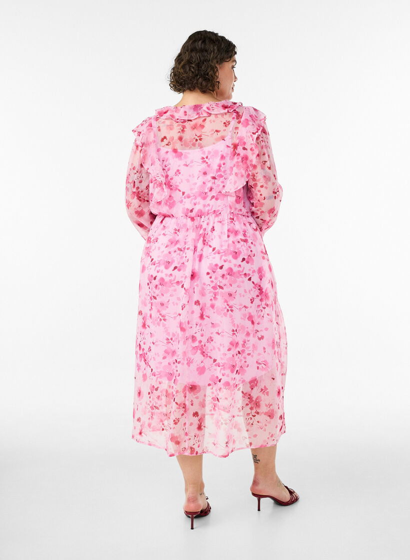 Gebl&uuml;mtes Kleid aus Chiffon mit R&uuml;schen und langen &Auml;rmeln, Pink, Model image number 1