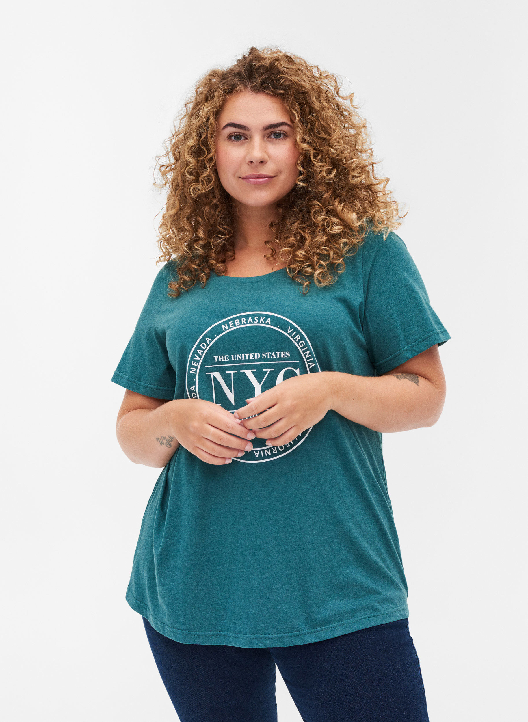 ZizziMeliertes T-Shirt mit Print und kurzen &Auml;rmeln, Pacific Mel., Model image number 0